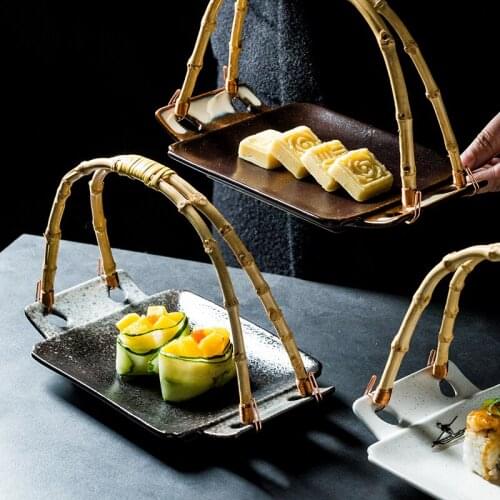 Creative ceramic tableware Japanese crude pottery bamboo hande plate roast meat grilled wing afternoon tea cake plate dish