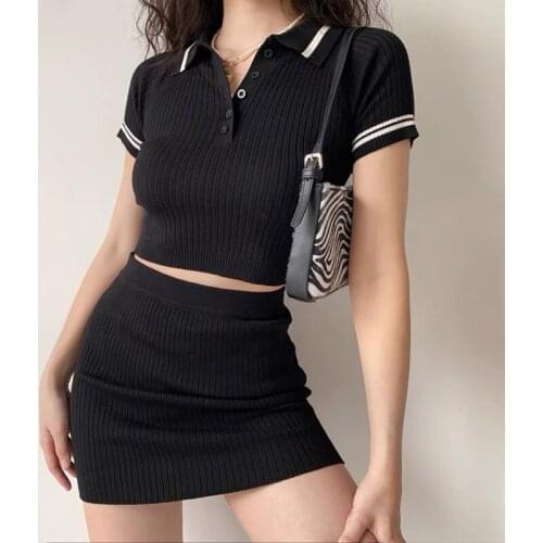 Summer Preppy Style Knit Outfits 2021 2 Piece Set Women Skirt And Top Turn-Down Collar Sexy Crop Top High Waisted Y2k Midi Skirt
