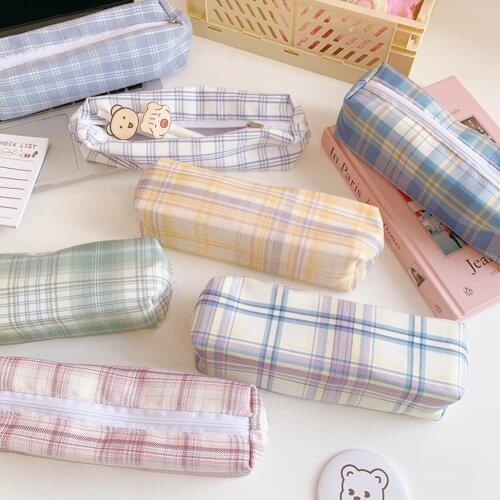 Sweet Lovely Plaid Pattern Pencil Case Kawaii Funny Cartoon Large Capacity Pencil Bag Students School Supplies Stationery