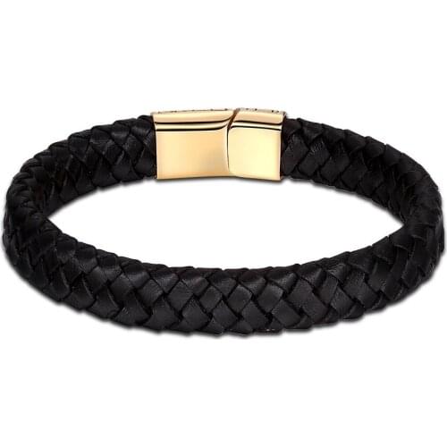 Black Genuine Leather Weave Men Bracelets Gold-color Magnetic Clasp Stainless Steel Gold Wristband Bangles Punk Jewelry Gift