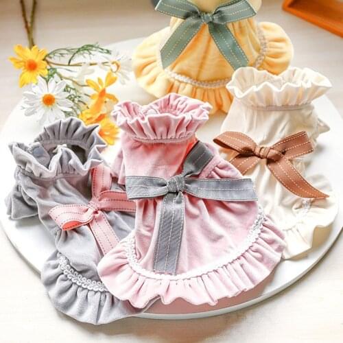 Soft Cat Dress Noble Flower Collar Dog Clothes Yellow Gray Pink Beige Frilled Edges Dog Dress Winter Chihuahua Pet Tutu Skirt XL