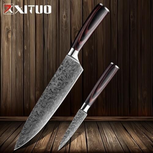 XITUO 2 pcs kitchen knives set Japanese Damascus steel Pattern chef knife sets Cleaver Peeling Salmon Slicing utility tool wood