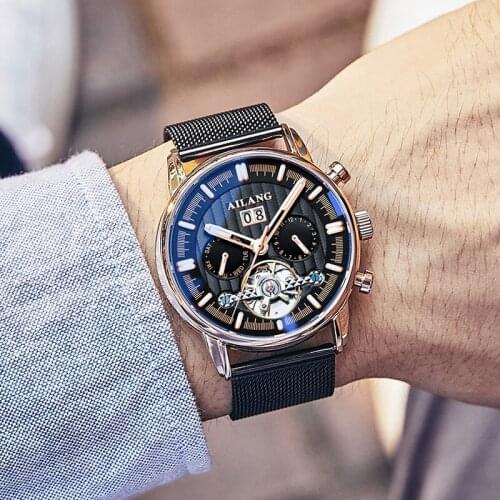 AILANG 2021 New Automatic Hollow Mechanical Mens Watch Stainless Steel Tourbillon Calendar Waterproof Luminous Mens Watch 201