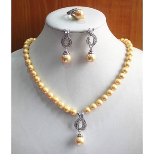 Charming WomenS Pure Yellow Pearl Necklace Earring Ring(7/8/9)Jewelry Set