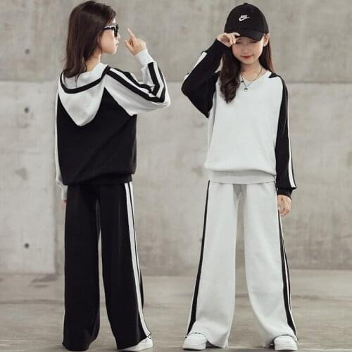 2020 Autumn Teenage Girls Knitted Clothing Set Children Hooded Top and Wide Leg Pants Set Kids Girls Casual Two Piece Set, #9166