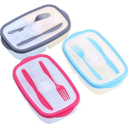 Plastic Bento Box Meal Storage Food Prep Lunch Box 2 Compartment Reusable Microwavable Containers Home Lunchbox with Fork Spoon