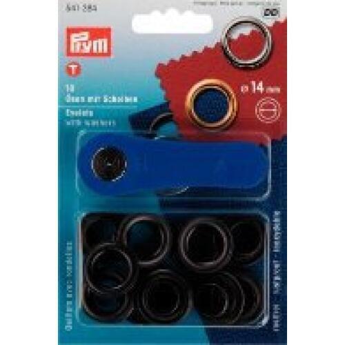 Prym 10pcs 14mm Black eyelets with washers and fixing tool Leather Craft 541384