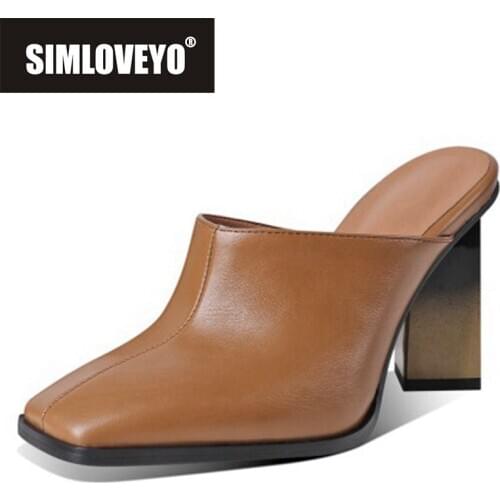 SIMLOVEYO New 2021 Women Sandals Square Toe 8cm Strange Heels Slip-On Designer Stylish Classic Big Size 34-43 Casual Brown B2483