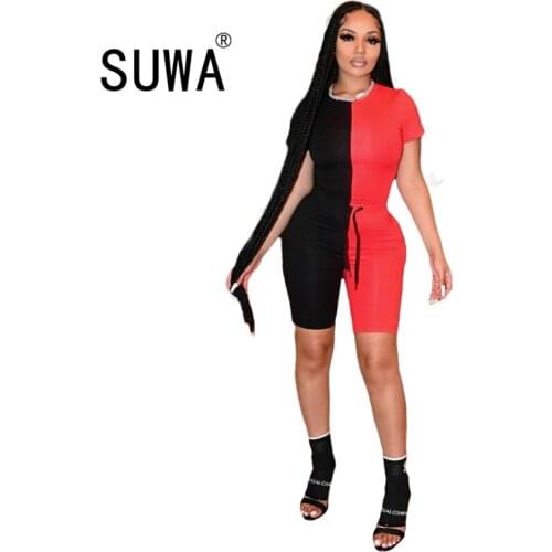 Contrast Color Patchwork Sports Suit Summer Loungewear Women Two Piece Sets Short Sleeve Pullover T-Shirt Jogger Shorts