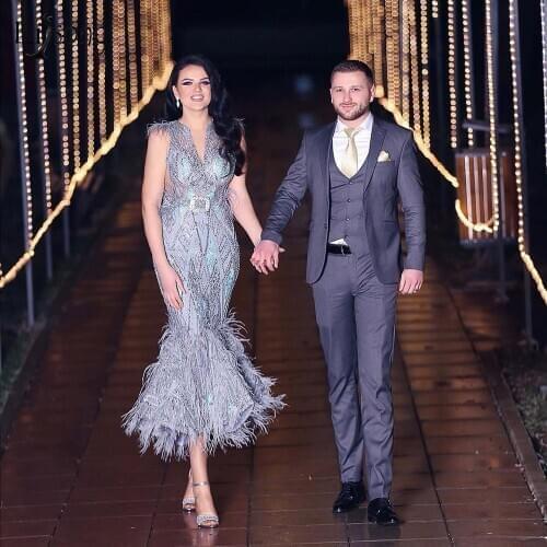 High End Feather Beaded Mermaid Prom Dresses Ankle Length Formal Dress Wedding Party Dress 2021 Dubai Lace Prom Gowns