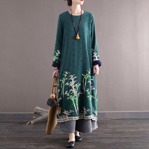 Johnature Women Embroidery Floral Winter Thick Warm Dresses Vintage High Quality Female 2020 New Cotton Dresses