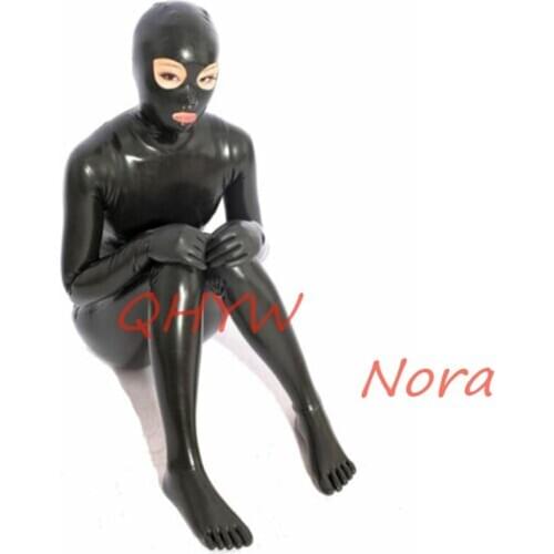 Sexy Natural Latex Woman Full Body Catsuit Women Jumpsuits with hood&gloves and 5 toes socks back zippers