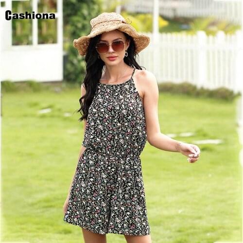 Cashiona Women Slim Playsuits Shorts Halter Strappy Onesies Femme Summer Flower Print Overalls Rompers Bohemian Short Jumpsuit