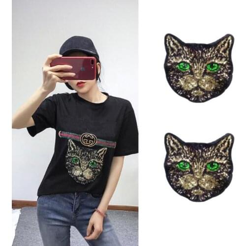 2Pcs Sew On Embroidered Sequins Glitter Patch cats applique large sequins Green Eyes cat patch star crown diy decoration NL356