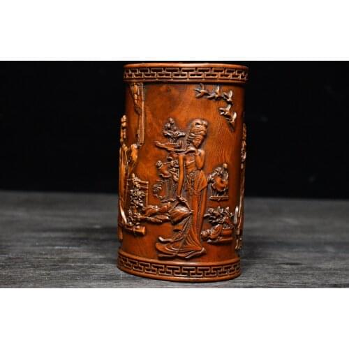 5" China Lucky Seikos Boxwood Classical four beauties statue pattern Pen holder Office Supplies Wooden pen holder penholder