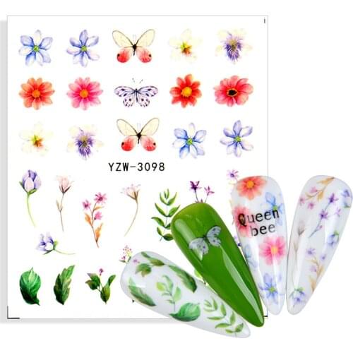 Watercolor Floral Nail Sticker Ink Flower Green Leaves Butterfly Nail Art Water Transfer Decals Manicure Tattoos Sliders