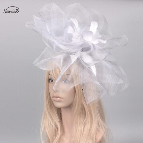 Elegant Fascinators Hats Wedding Bride Party Cocktail Headwear Women Ladies Mesh Feather Headband Hairband Hairpiece