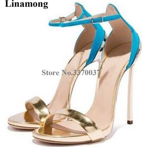 Brand Design Women Fashion Open Toe One Gold Strap Metal Stiletto Heel Sandals Patchwork Strange Heel Sandals Dress Heels Shoes