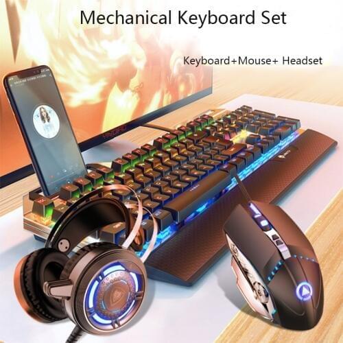 Gaming Mechanical Keyboard and Gamer Mouse With PC Gaming Headset,Multicolor LED Backlit USB Wired with Blue Switch,Hand Rest