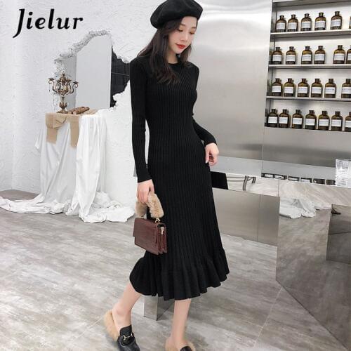 Jielur Winter O-Neck Knitted Dress Basic Solid Color Ruffles Dress For Women Elegant Slim Korean Style OL Robe Femme Hiver 2020