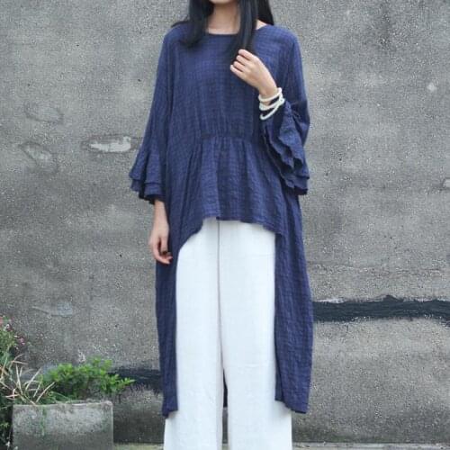 Johnature 2021 Summer New Irregular Cotton Linen Women Tops Casual O-neck Solid Color Three Quarter Flare Sleeve Women Long Tops