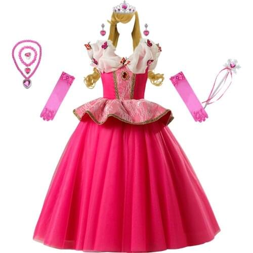 Girls Halloween Carnival Costume Child Lace Girls Princess Aurora Dress Pink Embroidery Infant Party Dress Wig Hair Magic Crown