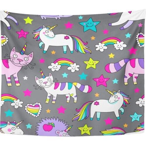 Colorful Animal Awesome Cute Pattern with Unicorns Caticorns Nice Design for Children Pink Baby Tapestry Home Decor Wall Hanging