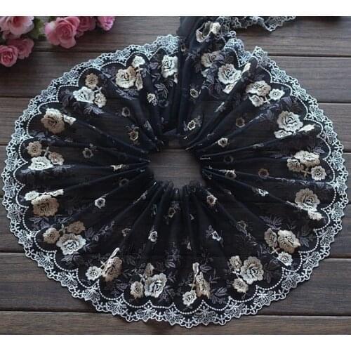 2 Yards Embroidered Lace Trim Rose Floral Embroidered Black Tulle Lace Trim 7.48 Inches Wide