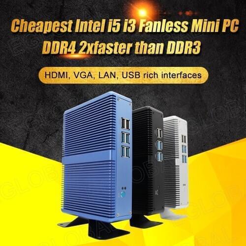 Eglobal Fanless Mini Computer Intel i5 7200U i3 7167U Windows 10 Platform System PC Desktop Linux HTPC VGA HDMI WiFi 6 * USB