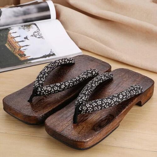 Mans Cosplay Shoes Mid Heel Carboned Wood Sandal Traditional Japan Geta Flip Flops/Slippers