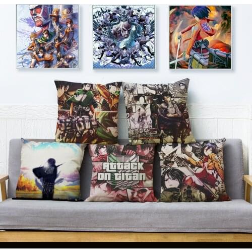 Japan Anime Attack On Titan Print Pillowcase Beige 45*45 Square Polyester Cushion Cover Kid Gift Sofa Home Decor Pillows Cases
