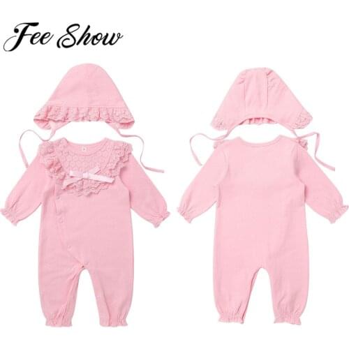 Infant Baby Girls Clothes Spring Autumn Cute Cotton Long Sleeves Jumpsuit Solid Color Baby Romper and Hat Newborn Baby Clothing