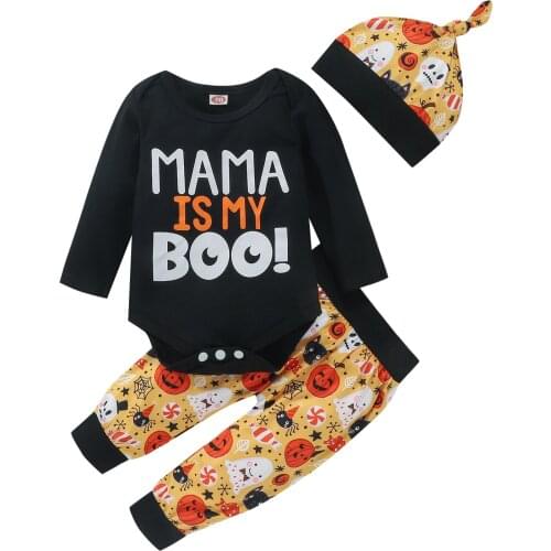2021 0-24M Baby Halloween Clothing Boys Girls Long Sleeve MAMA IS MY BOO! Letter Print Romper+Pumpkin Pants+Hat Set Costume 3pcs