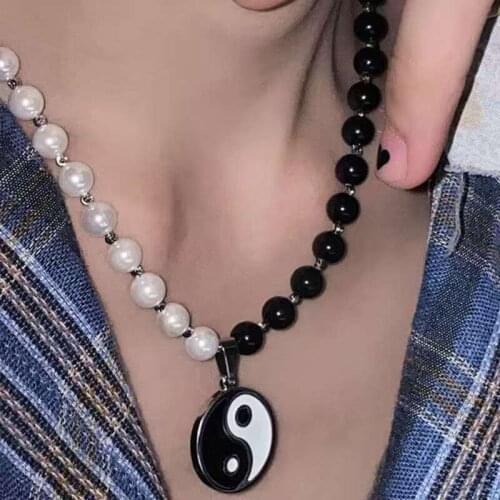 Tai Ji Eight Trigrams Comma Yin Yang Pendant Necklaces Pearl Bead Chinese Philosophy Taoist Symbol Choker Jewelry Unisex