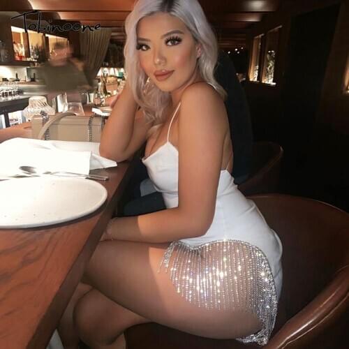 Tobinoone Chains Dress Sexy Women Summer 2020 Spaghetti Strapes Sleeveless Hollow Out White Mini Dresses Club Party Sundress