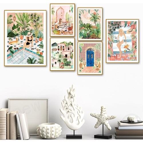 Nordic Morocco Landscape Canvas Poster Portugal Door Abstract Plant Wall Art Print Painting Victoria Bedroom Decoration Picture