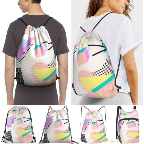 80S 90S Retro Abstract Pastel Shape Pattern Men Outdoor Travel Gym Bag Waterproof Drawstring Backpack Women Fitness Sackpack Bag