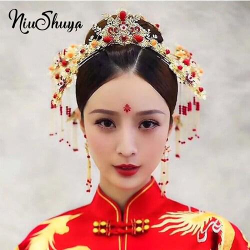 NiuShuya Traditional Chinese Style Bridal Golden Headdress Floral Ancient Red Hairpins Beaded Wedding Jewelry Hair Accessories