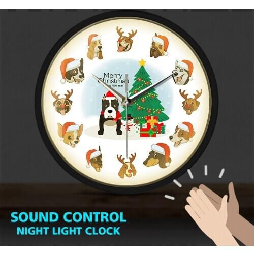 Happy Christmas Dog Metal Frame LED Wall Clock Modern Design Sound Control Non-ticking Smart Watch Home Decor Puppy Lover Gift
