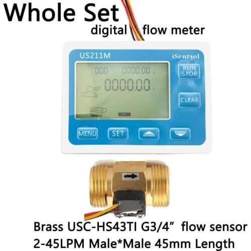 US211M USC-HS43TI Water Flow Meter Digital Hall Water Flow Sensor Reader with Brass 2-45L/min hall water flowmeter turbine