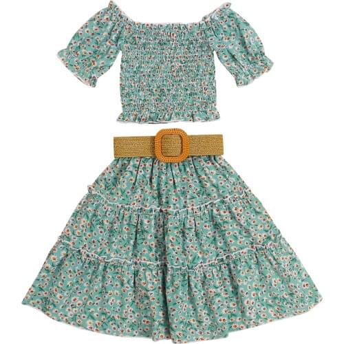 Boho Summer Kids Baby Girl Outfits Leopard/Flower Print Two-piece Off Shoulder T-Shirt+Midi Skirts A-Line+Belt Girl Clothes 1-6Y