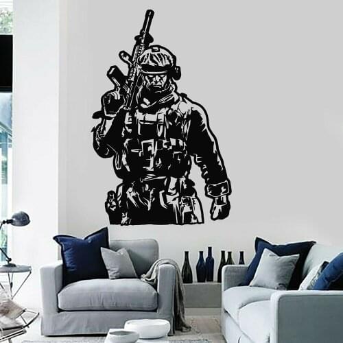 Vinyl Wall Decal Military Soldier Gun Warrior Wall Stickers for Boys Room Decoration Stickers Removable Waterproof Mural C715
