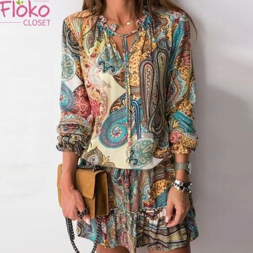 Flokocloset Vintage Bohemian Print V-Neck Long Sleeve Mini Dress Summer Loose Elastic Waist Party Beach Lace-up Dresses
