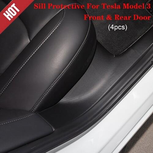 For Tesla Model 3 2017-2020 Car Leather Carbon Fiber Style Front & Rear Door Sill Protective 4PCS/SET