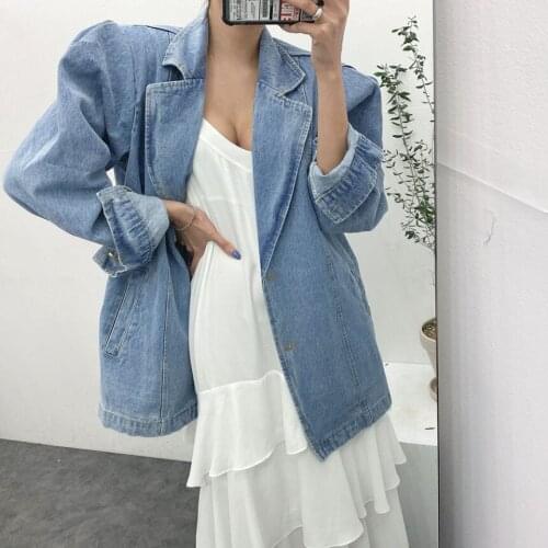 Vintage Denim Notched Blazers Jackets Women 2021 Autumn Loose Casual Full Sleeve Jeans Female Oversize Coats Outerwear V761