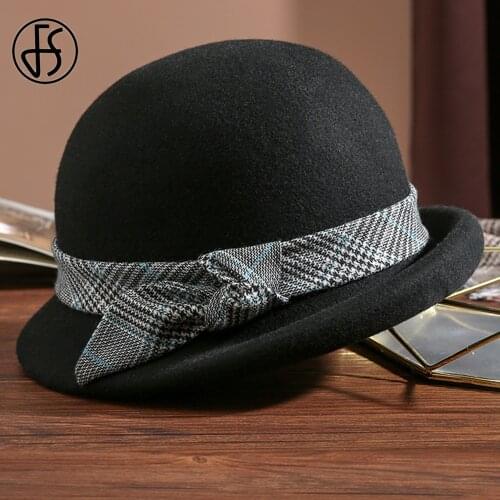 FS Socialite Wool Felt Fedora Hats For Women Winter Warm Church Cloche Derby Hat Fedoras Bowler Cap With Plaid Ribbon Bowknot