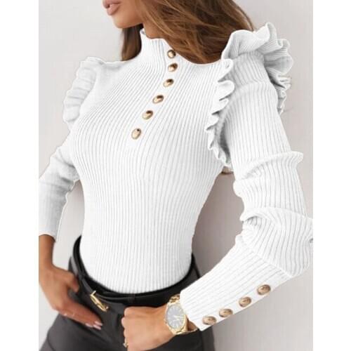 Fashion Turtleneck Long Sleeve Black White T Shirt Women 2020 Autumn Winter Buttons Ruffles Top T-shirt Woman Tshirt