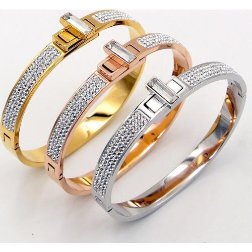 Fashion Stainless Steel Better Full Crystal Square Rotating Button Bangle Bracelet Rose Gold Color Female Woman Party Gift