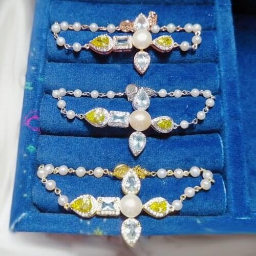 SLJELY Luxury 925 Sterling Silver Yellow Zircon Crystal Cross Bracelet with Natural Pearl Adjust Chain for Women Fashion Jewelry