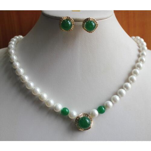 Wholesale good fashion ladys 8mm white shell pearl decorated with green gem necklace 12mm gem earrings jewelry set for party
